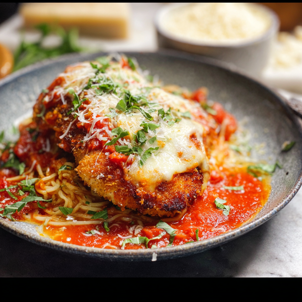Alt text: A delicious chicken parmesan recipe showcasing a golden-brown breaded chicken breast smothered in marinara sauce and melted mozzarella cheese, garnished with fresh basil leaves and served with a side of spaghetti.