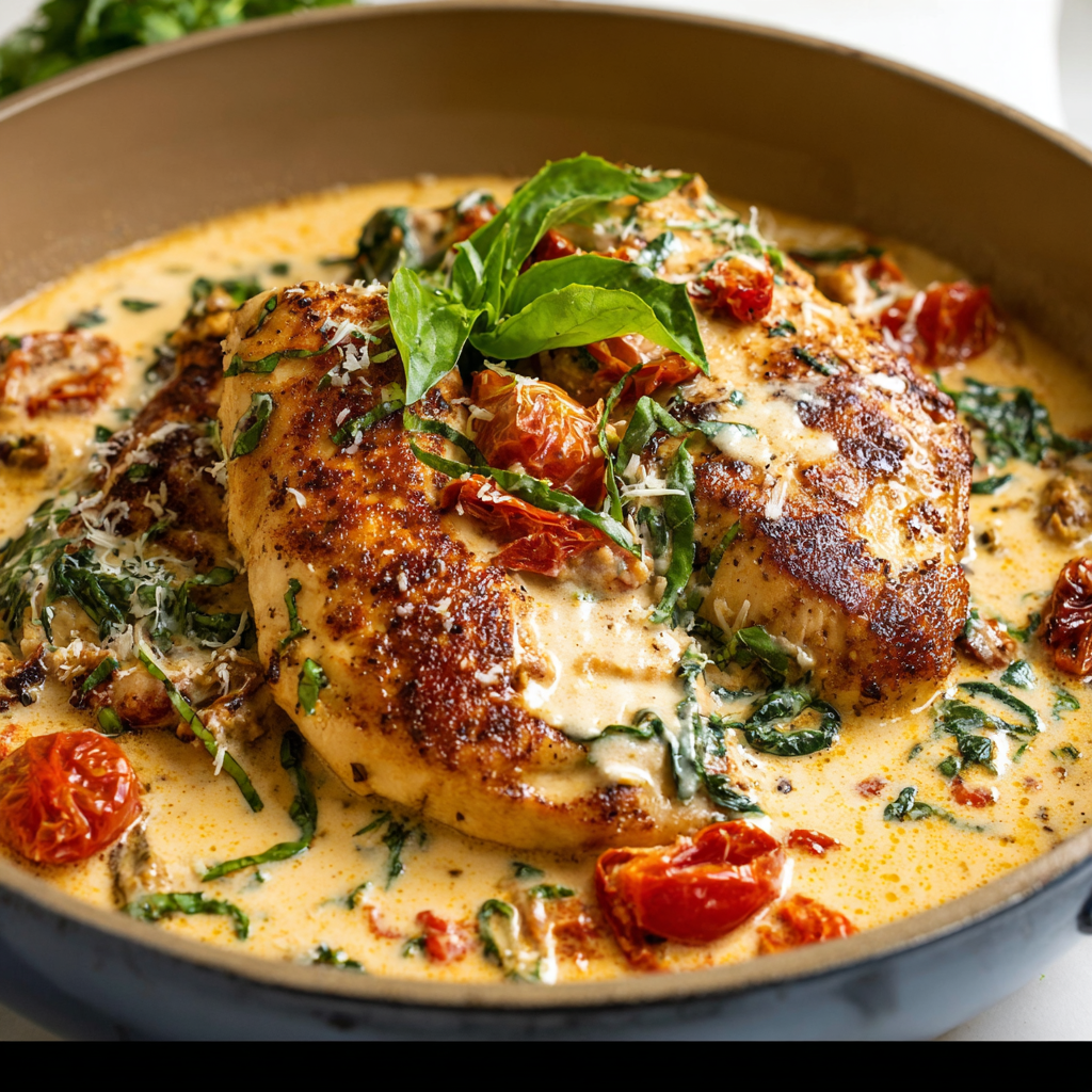 Alt text: A delicious Creamy Tuscan Chicken dish featuring succulent chicken breasts cooked in a rich, creamy sauce with sun-dried tomatoes and spinach, perfect for a Tuscan chicken recipe.