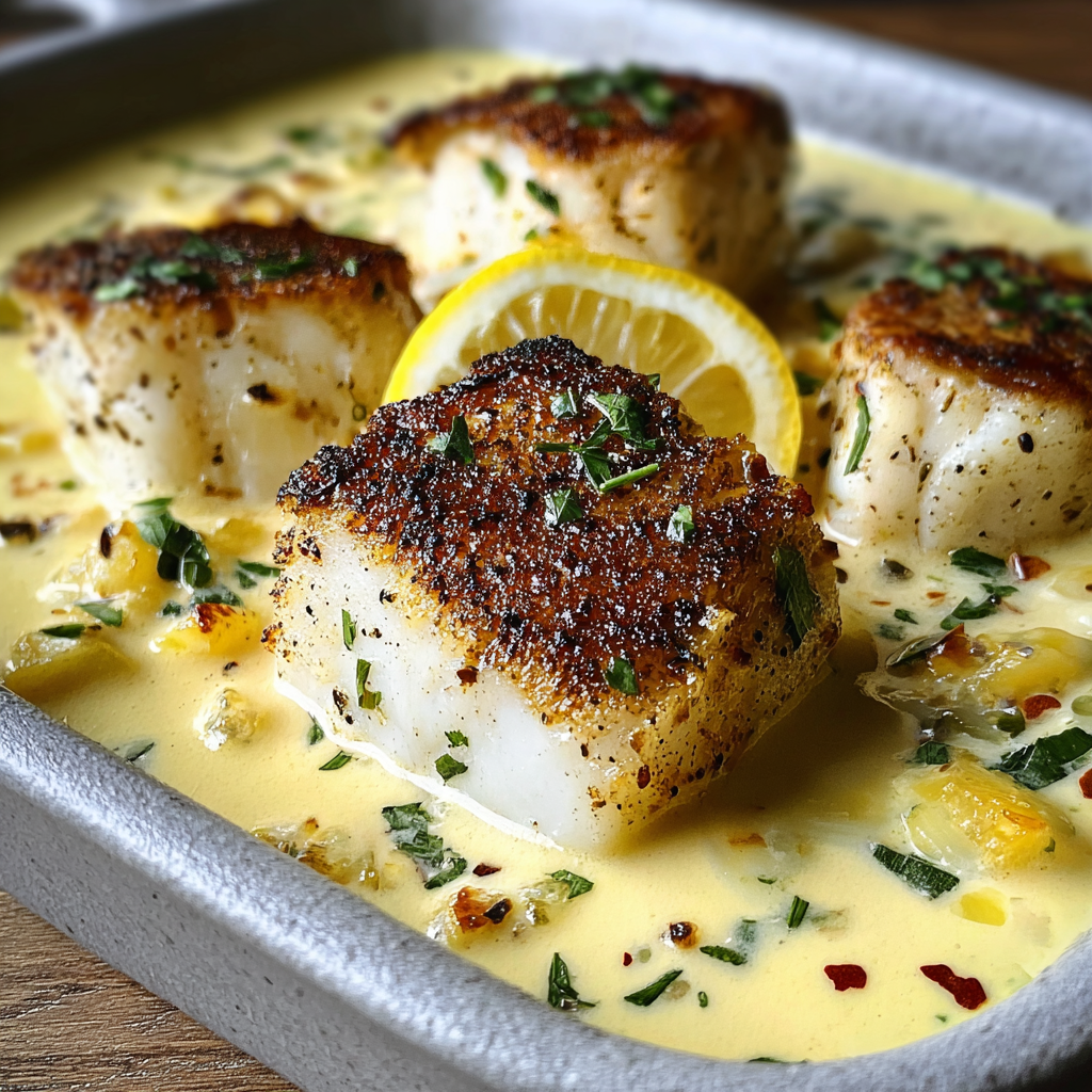Alt text: A plate of Baked Cod in Coconut Lemon Cream Sauce garnished with fresh herbs, showcasing the creamy Baked Cod Coconut Sauce enveloping the tender fish.