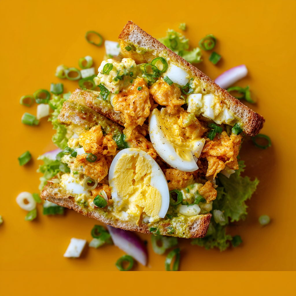 Alt text: A delicious crispy egg salad recipe featuring golden-fried egg halves atop a bed of fresh mixed greens, garnished with cherry tomatoes, red onions, and a sprinkle of herbs, served with a tangy vinaigrette.