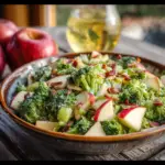 Alt text: A vibrant Honeycrisp apple broccoli salad recipe showcasing chopped broccoli, sliced Honeycrisp apples, dried cranberries, sunflower seeds, and a light creamy dressing on a rustic wooden table.