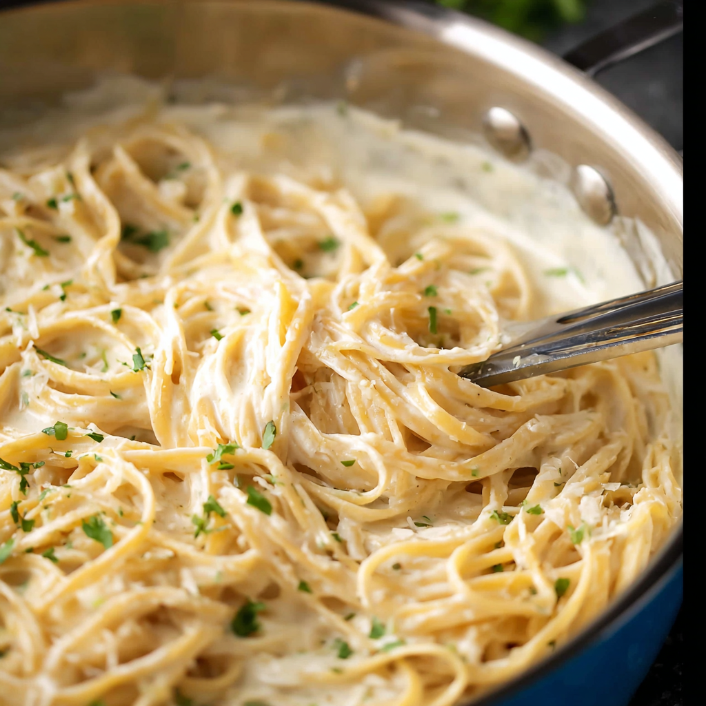 Alt Text: Image of a creamy homemade alfredo sauce recipe in a saucepan, showcasing its rich and silky texture, garnished with fresh parsley and ready to be served over pasta.