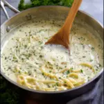 An appetizing plate of fettuccine coated in a creamy, homemade Alfredo sauce recipe served with fresh parsley and grated Parmesan cheese on top.