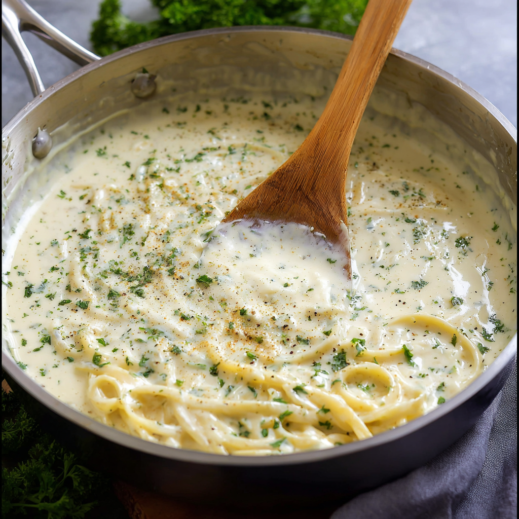 An appetizing plate of fettuccine coated in a creamy, homemade Alfredo sauce recipe served with fresh parsley and grated Parmesan cheese on top.