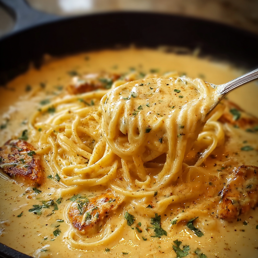 Alt text: A creamy Cajun Alfredo sauce being poured over fettuccine pasta, garnished with parsley, representing a delicious homemade Cajun Alfredo recipe.