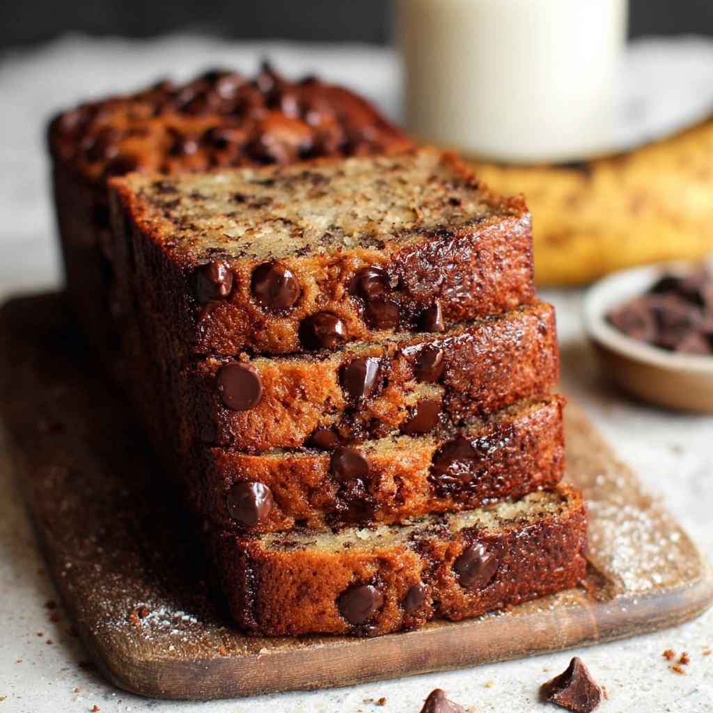 Alt text: A freshly baked loaf of brown butter banana bread with chocolate chips, sliced and displayed on a wooden cutting board, showcasing its moist texture and rich, golden-brown color.