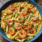 Alt text: A delicious Cajun shrimp pasta recipe featuring creamy sauce-coated fettuccine noodles topped with seasoned shrimp and garnished with chopped parsley, served in a white bowl.