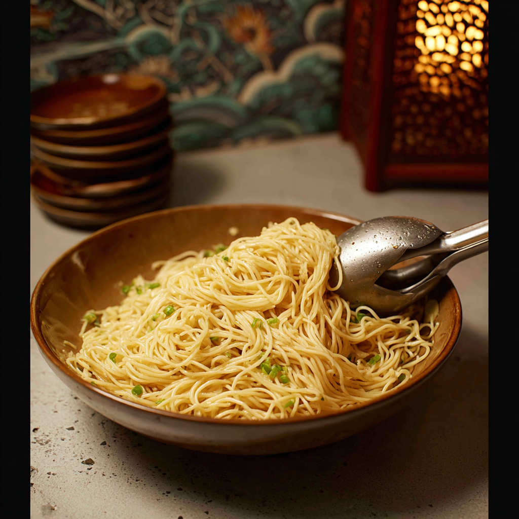 An appetizing dish of Butter Garlic Noodles Recipe, featuring a vibrant bowl of noodles tossed in melted butter, minced garlic, soy sauce, and garnished with chopped green onions and sesame seeds, showcasing a savory and aromatic experience perfect for a quick and delicious meal.