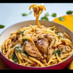 Alt text: A serving of creamy marry me chicken pasta recipe with tender chicken pieces, sun-dried tomatoes, and a rich parmesan sauce, garnished with fresh basil and served in a white bowl on a wooden table.