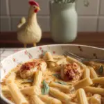 Alt text: A delicious plate of easy chicken pasta recipes, featuring tender chicken pieces mixed with penne pasta, vibrant cherry tomatoes, and fresh basil, garnished with Parmesan cheese, all coated in a creamy garlic sauce.