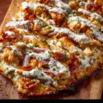 Alt text: "A delicious chicken bacon ranch flatbread recipe featuring crispy bacon, grilled chicken, fresh greens, and creamy cottage cheese on a toasted flatbread."