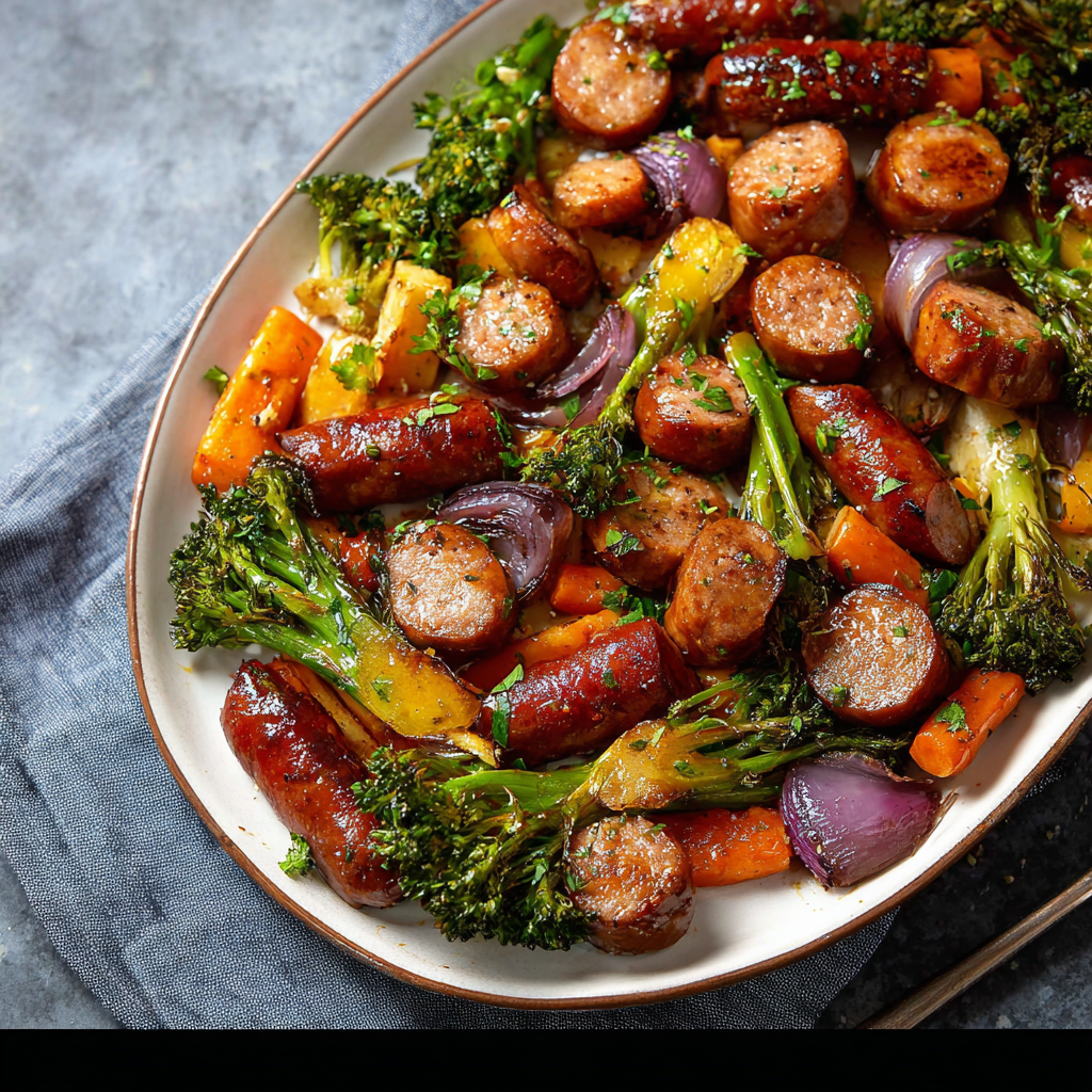 Alt text: "A vibrant Honey Garlic Sausage Sheet Pan Dinner featuring succulent sausages glazed in honey garlic sauce, surrounded by roasted vegetables on a baking sheet."