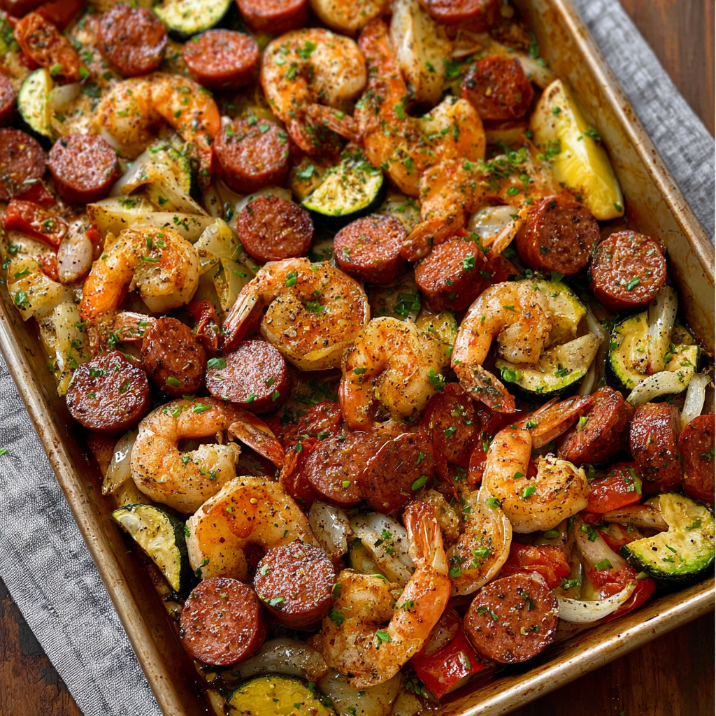Alt text: "Colorful Cajun sausage and shrimp sheet pan recipe with sliced sausages, shrimp, bell peppers, and potatoes, seasoned with Cajun spices, baked to perfection on a sheet pan."