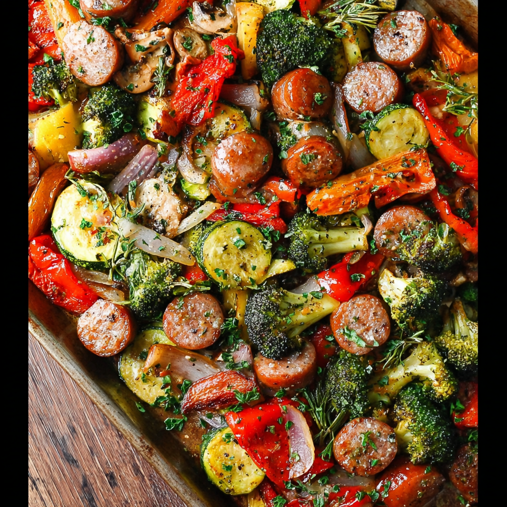 Alt text: "Delicious Italian sausage sheet pan dinner featuring roasted vegetables and savory sausages, showcasing a colorful and easy one-pan meal perfect for a quick dinner."