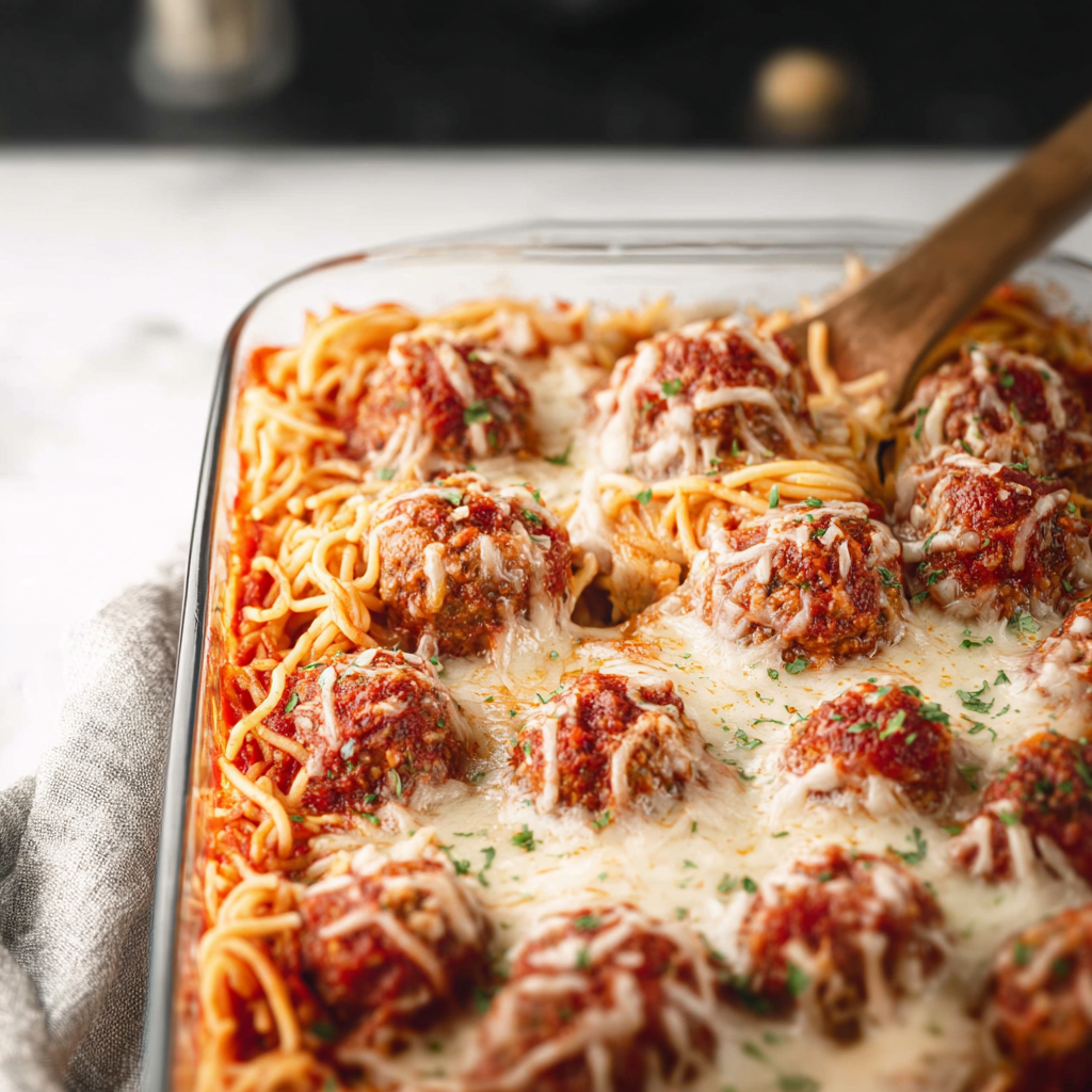 Alt text: A mouthwatering baked spaghetti and meatballs dish featuring tender meatballs nestled in spaghetti, topped with melted cheese and herbs, perfectly showcasing the baked spaghetti and meatballs recipe.