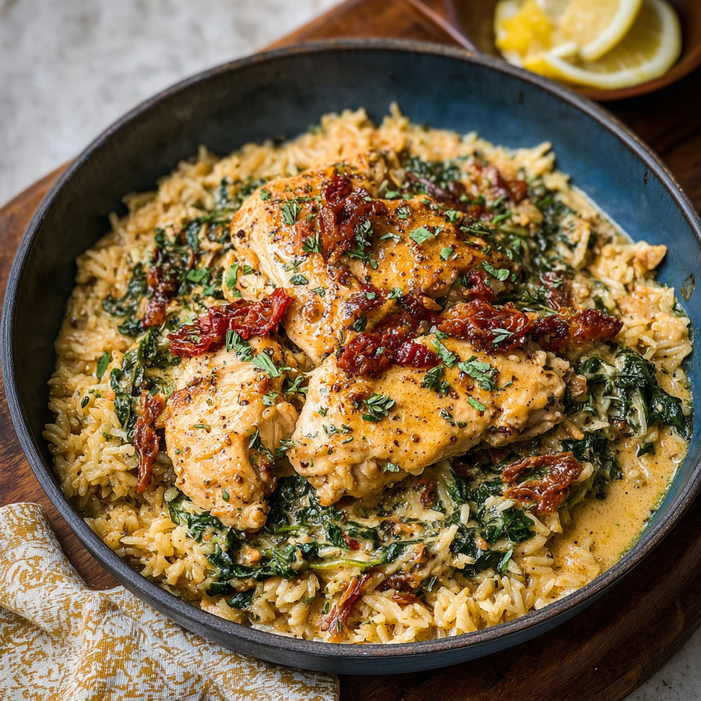 Alt text: A delicious Tuscan chicken and rice recipe showcasing creamy, tender chicken breasts smothered in a savory sauce with sun-dried tomatoes, spinach, and herbs, served over perfectly cooked rice.