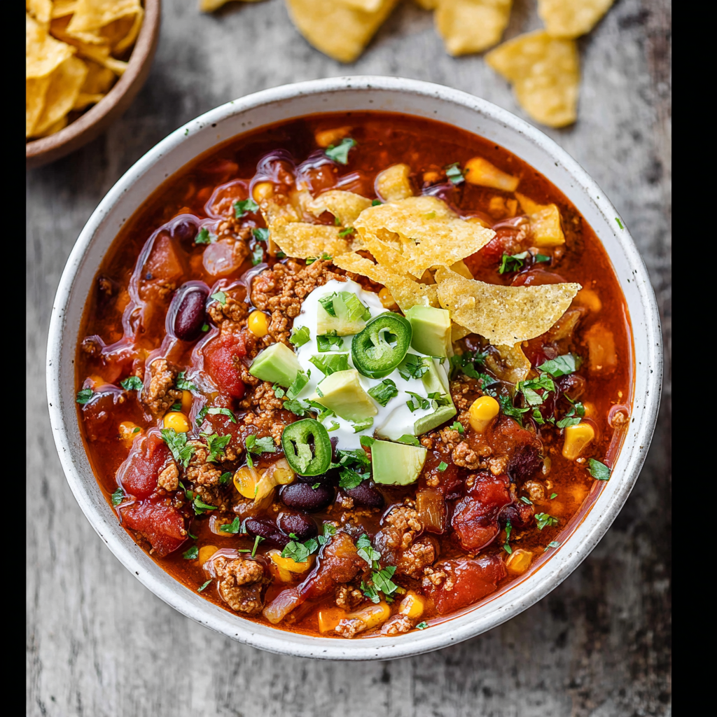 Alt text: A steaming bowl of the Best Taco Soup Recipe filled with ground beef, beans, corn, tomatoes, and topped with shredded cheese and a dollop of sour cream.
