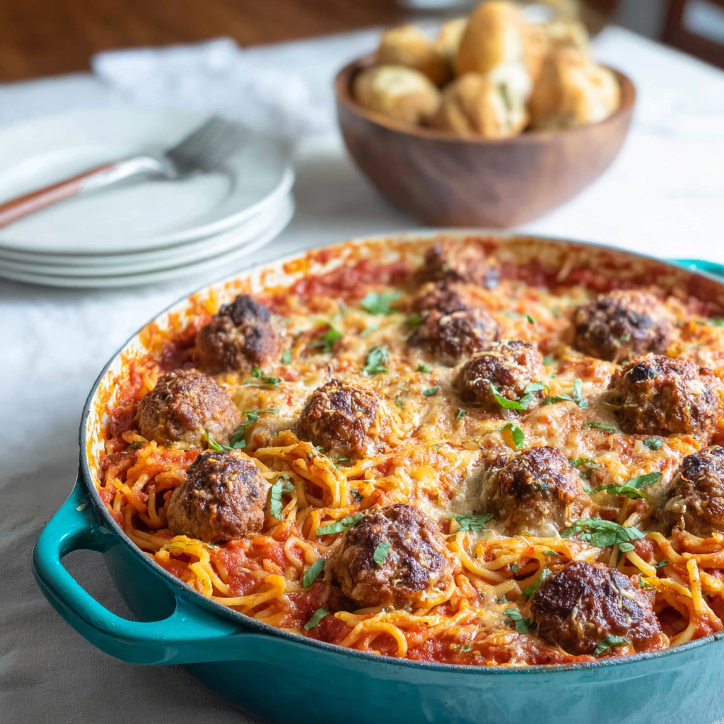 Alt text: A delicious baked spaghetti and meatballs recipe featuring golden-brown meatballs and perfectly cooked spaghetti noodles, topped with melted cheese and garnished with fresh basil, displayed on a rustic wooden table.