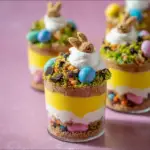 Alt text: "Colorful Easter dirt dessert cups topped with gummy worms and festive sprinkles."