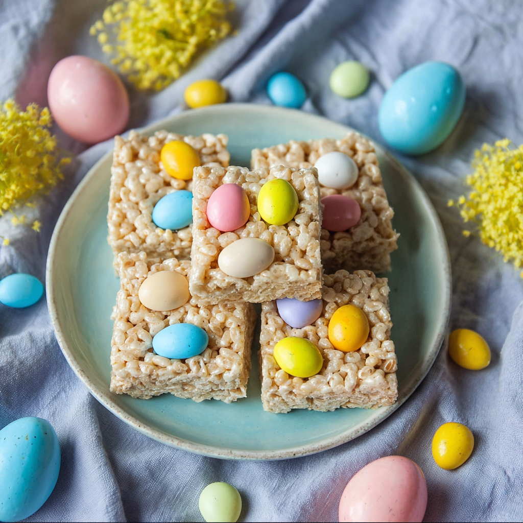Alt text: "Colorful Easter Egg Rice Krispie Treats arranged on a platter, showcasing the Easter Egg Rice Krispie Treats Recipe with pink, blue, yellow, and green marshmallow-coated cereal shapes."