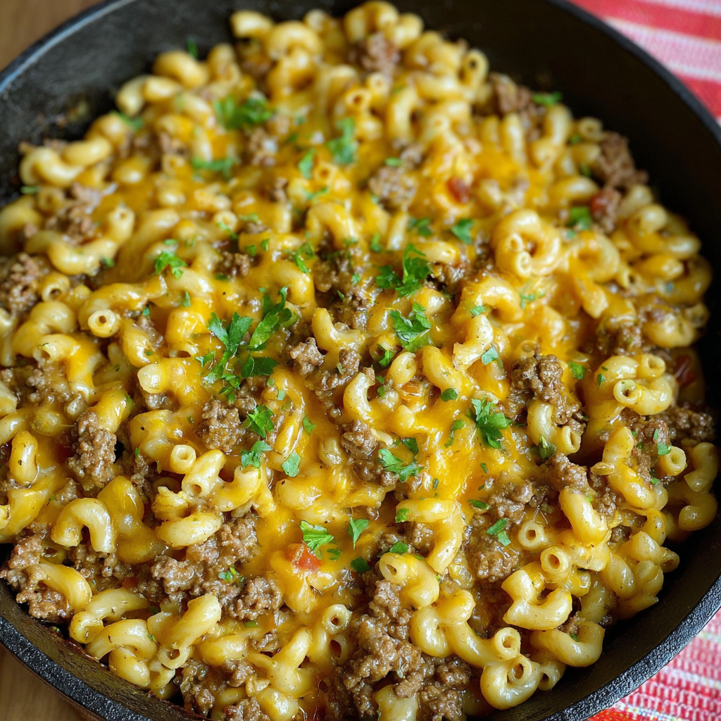 Alt text: A steaming bowl of homemade cheeseburger macaroni featuring tender macaroni pasta, ground beef, melted cheddar cheese, and a sprinkle of parsley, illustrating a delicious cheeseburger macaroni recipe.
