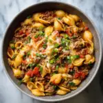 Alt text: "A delicious homemade taco pasta recipe showcasing a hearty mix of seasoned ground beef, tender pasta, and melted cheese, garnished with fresh cilantro and diced tomatoes, in a rustic bowl."