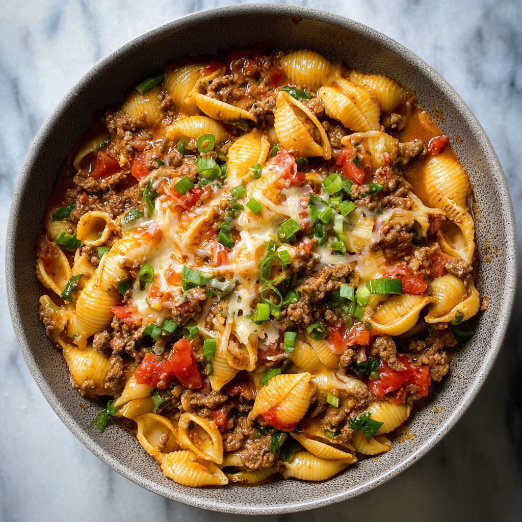 Alt text: "A delicious homemade taco pasta recipe showcasing a hearty mix of seasoned ground beef, tender pasta, and melted cheese, garnished with fresh cilantro and diced tomatoes, in a rustic bowl."