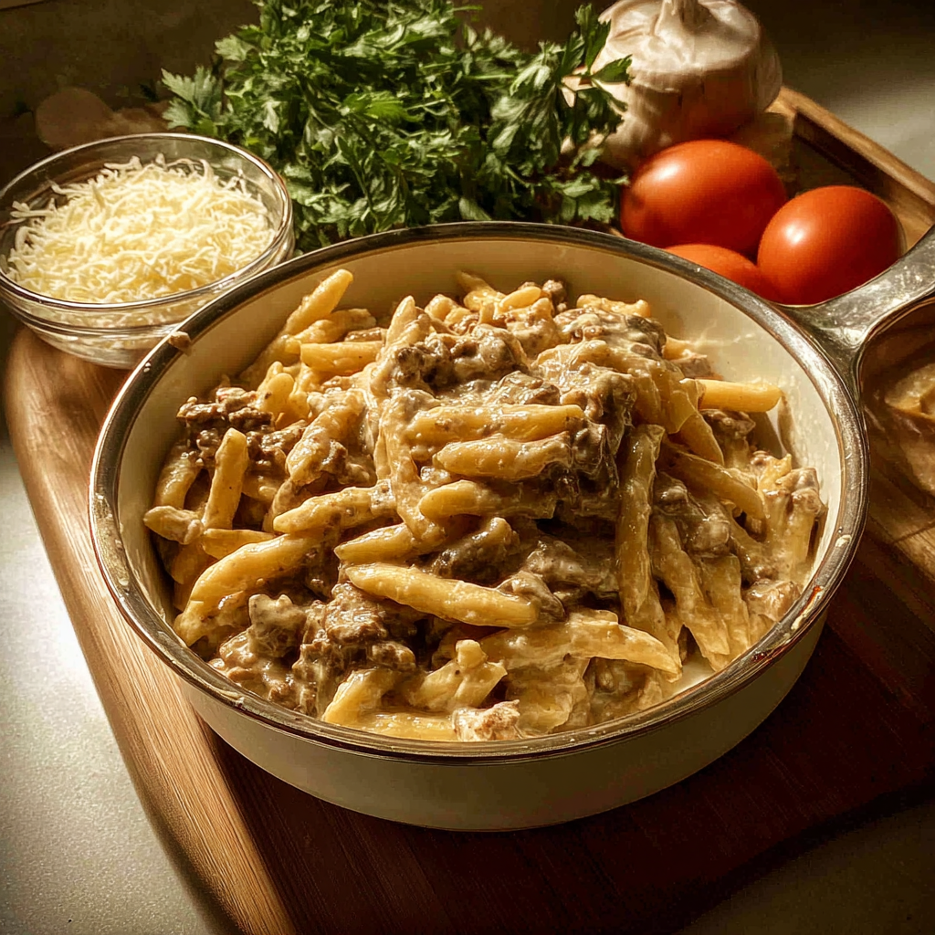 Alt text: A bowl of creamy homemade beef stroganoff helper featuring tender pieces of beef, spiral noodles, and a rich mushroom sauce garnished with fresh parsley.