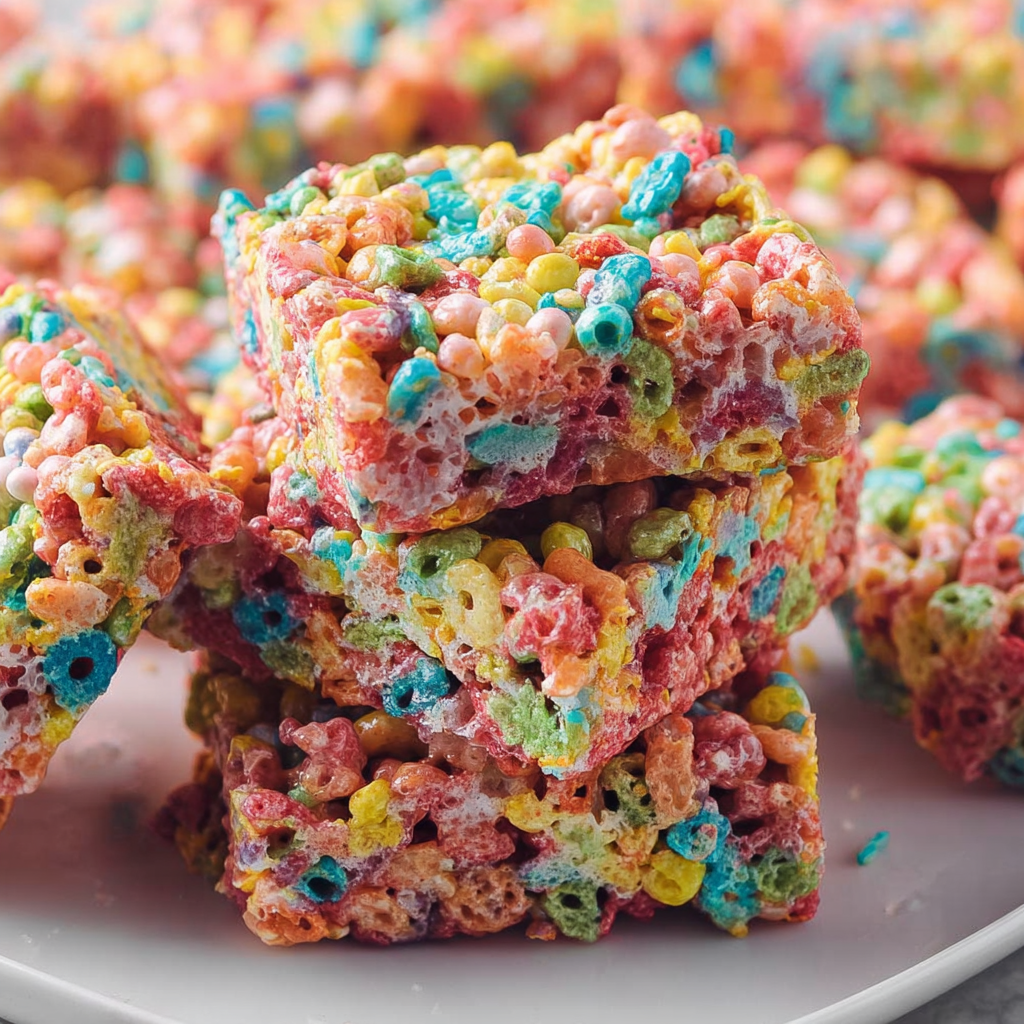 Alt text: A colorful Fruity Pebbles rice crispy treats recipe with vibrant cereal pieces, gooey marshmallow, and butter, cut into square bars, and displayed on a white plate.
