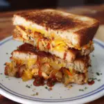 Alt text: "BBQ chicken cheddar sandwich recipe showing a grilled sandwich filled with succulent BBQ chicken, melted cheddar cheese, and golden toasted bread."