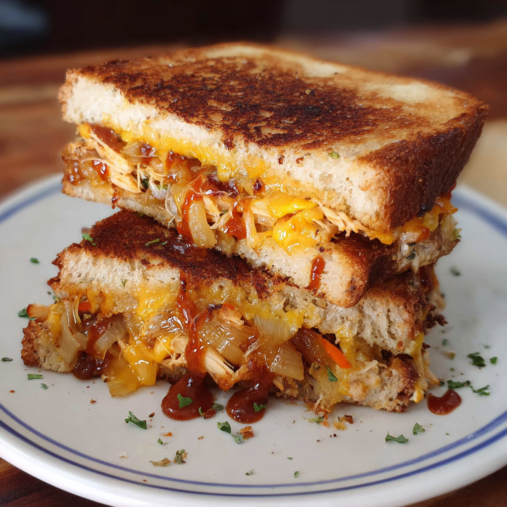 Alt text: "BBQ chicken cheddar sandwich recipe showing a grilled sandwich filled with succulent BBQ chicken, melted cheddar cheese, and golden toasted bread."