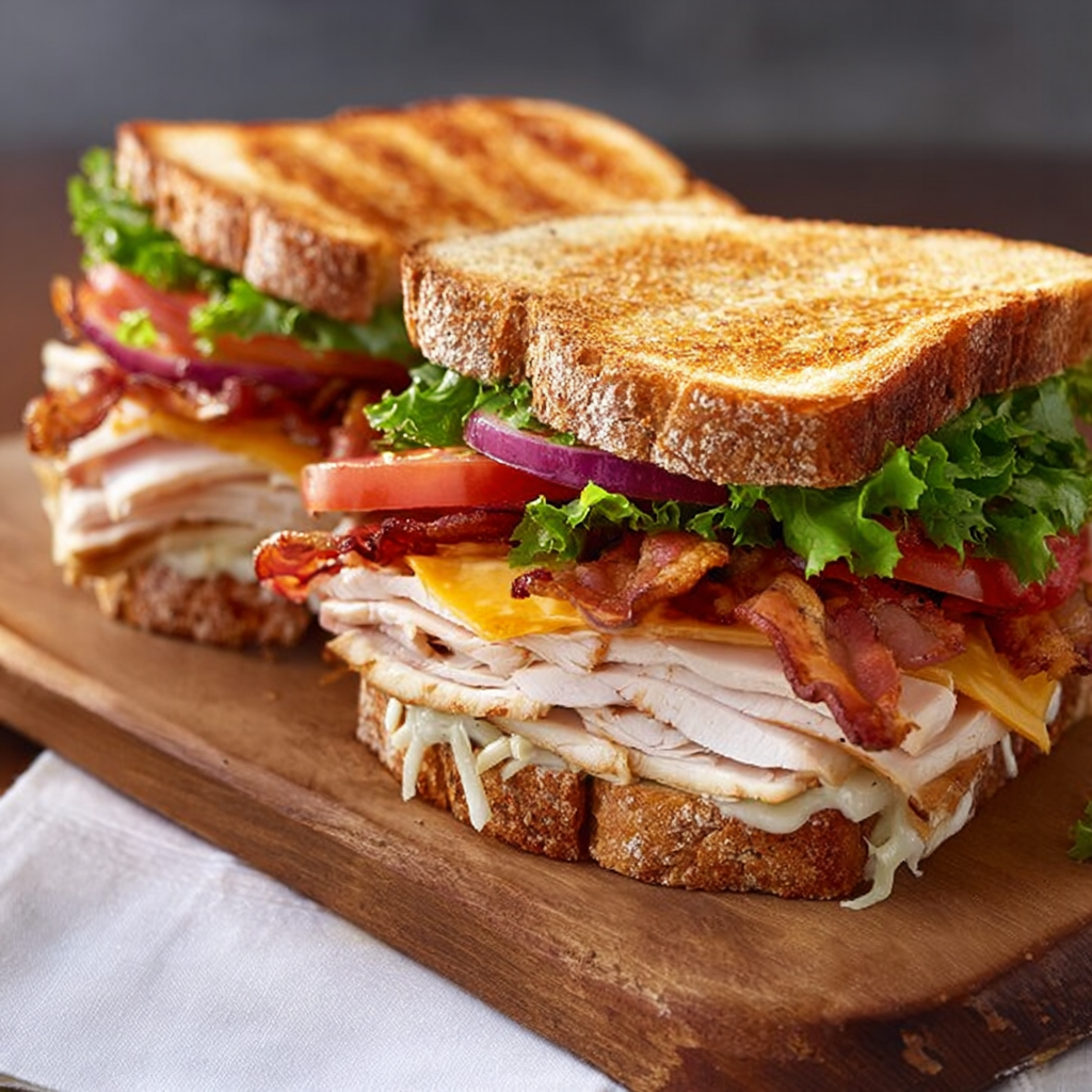 Alt text: "Loaded Turkey Club Sandwich Recipe featuring a grilled sandwich stacked with turkey, crispy bacon, fresh lettuce, ripe tomatoes, and melted cheese on toasted bread."