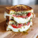 Alt text: "A delicious Caprese Grilled Cheese Recipe featuring gooey melted mozzarella, ripe tomatoes, fresh basil, and balsamic glaze on golden-brown toasted bread."