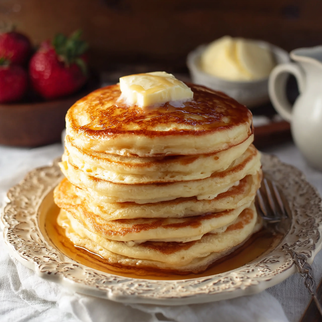 Alt text: "A stack of golden, fluffy pancakes topped with butter and syrup, showcasing the delicious result of the Buttermilk pancake recipe."