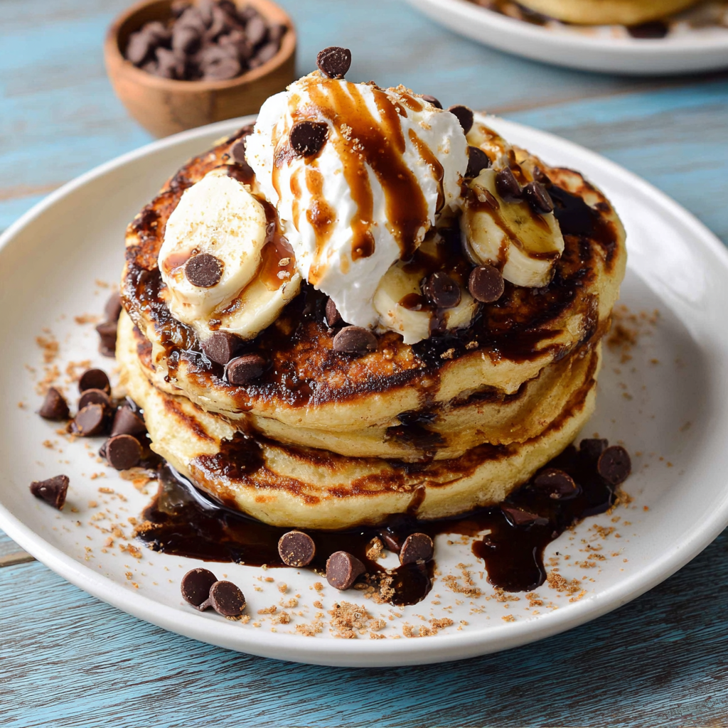 Image of a stack of fluffy chocolate chip banana pancakes topped with melted butter and sliced bananas, showcasing a delicious chocolate chip banana pancakes recipe.