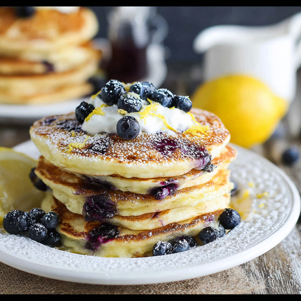 A stack of blueberry lemon ricotta pancakes topped with fresh blueberries, lemon zest, and a drizzle of maple syrup, illustrating the blueberry lemon ricotta pancakes recipe.