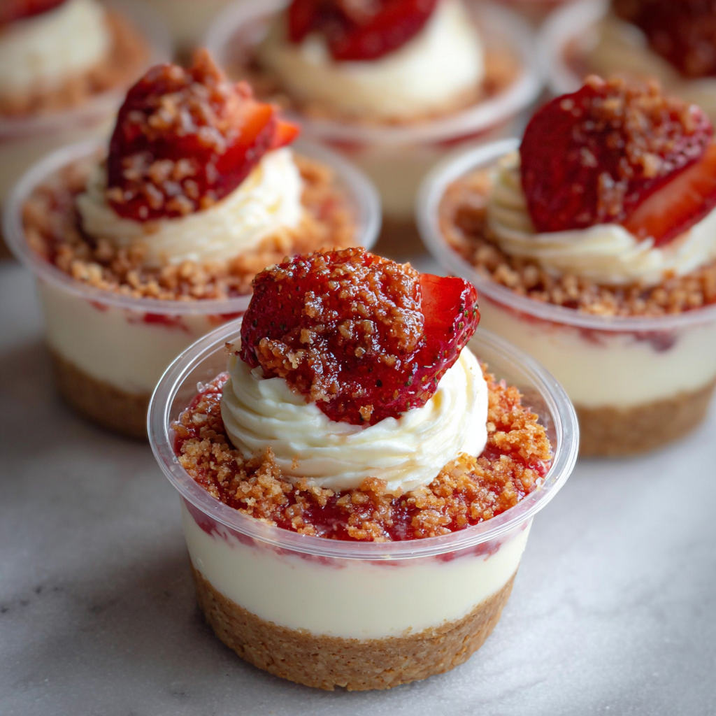 Alt text: "Delicious strawberry crunch cheesecake cups recipe featuring layers of creamy cheesecake, fresh strawberries, and a crunchy crumble topping in individual servings."
