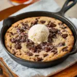 Alt text: "A freshly baked Brown Butter Chocolate Chip Skillet Cookie in a cast iron pan, showcasing the gooey chocolate chips and golden-brown crispy edges, representing the Brown butter chocolate chip skillet cookie recipe."