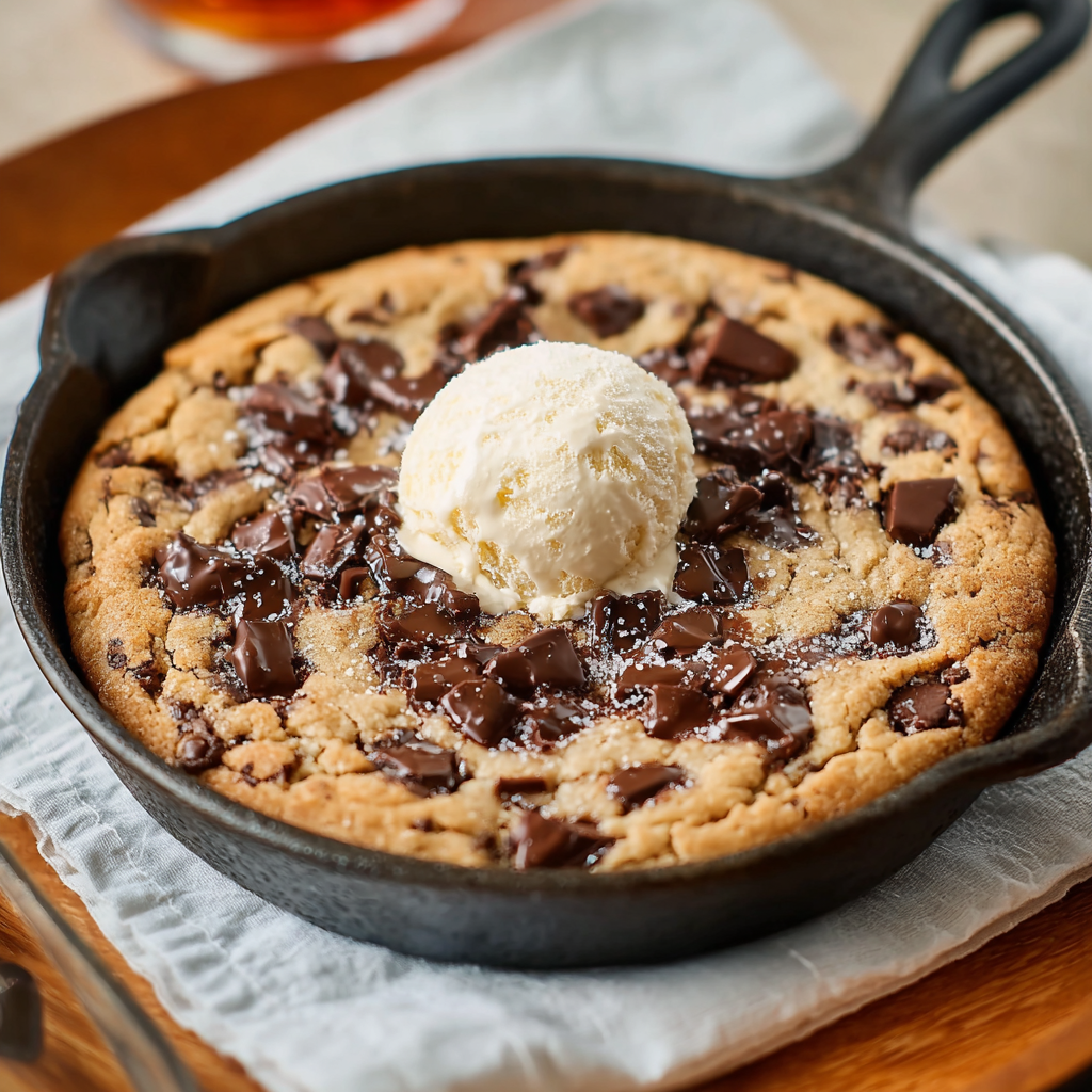 Alt text: "A freshly baked Brown Butter Chocolate Chip Skillet Cookie in a cast iron pan, showcasing the gooey chocolate chips and golden-brown crispy edges, representing the Brown butter chocolate chip skillet cookie recipe."