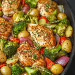 Alt text: A vibrant one-pan honey garlic chicken recipe featuring golden-brown chicken pieces glazed with a sticky honey garlic sauce, surrounded by an assortment of colorful roasted vegetables.