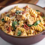 Alt text: "Dutch oven filled with creamy Tuscan chicken pasta featuring tender chicken, sun-dried tomatoes, spinach, and a rich Parmesan sauce, showcasing the creamy Tuscan chicken pasta recipe."