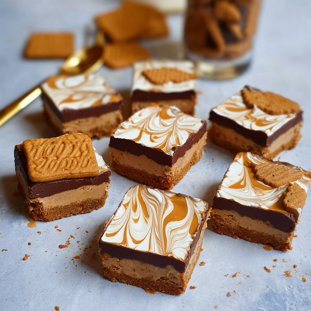 "Image of No-Bake Lotus Biscoff Cheesecake Bars Recipe featuring a creamy cheesecake layer topped with Biscoff cookie crumbs and a smooth Biscoff spread drizzle on a wooden table."